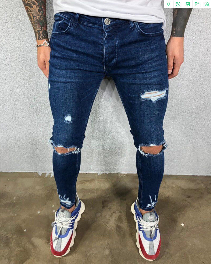 Cool Skinny Knee Hole Ripped Stretch Slim Denim