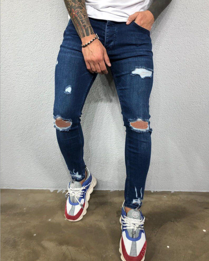 Cool Skinny Knee Hole Ripped Stretch Slim Denim
