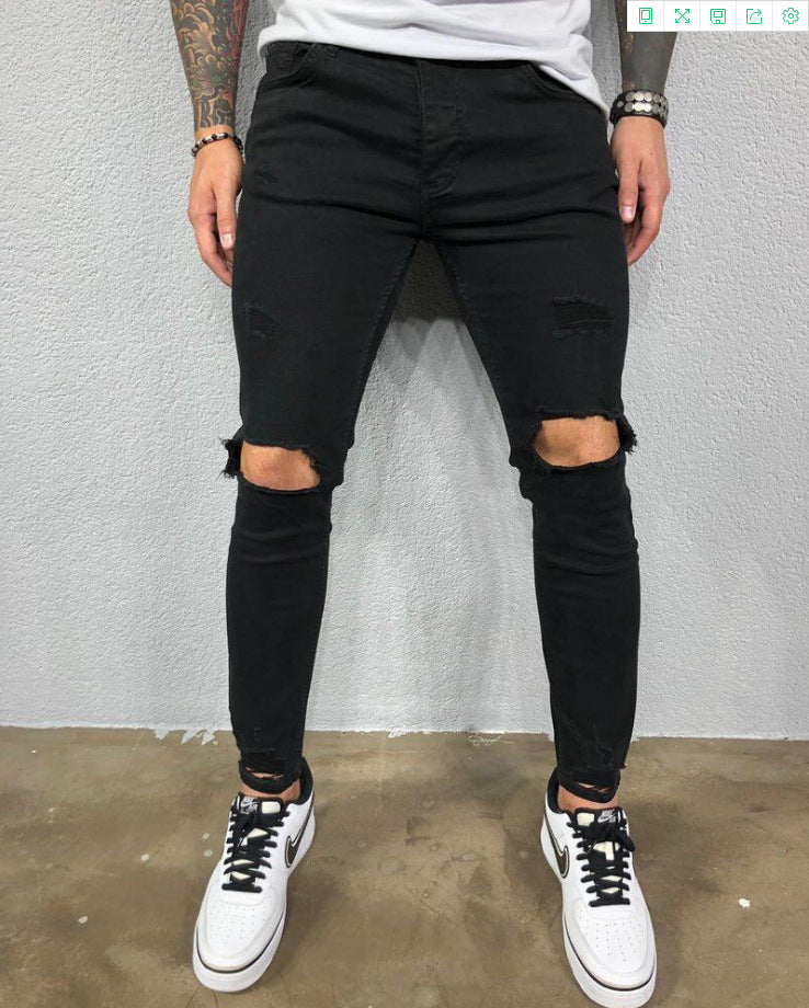 Cool Skinny Knee Hole Ripped Stretch Slim Denim
