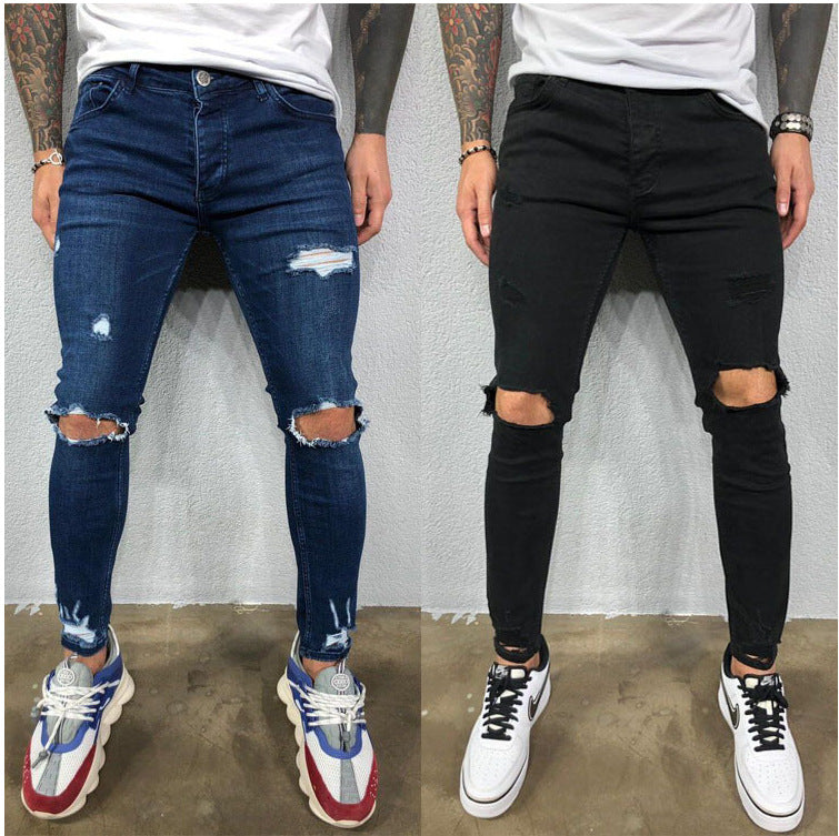 Cool Skinny Knee Hole Ripped Stretch Slim Denim