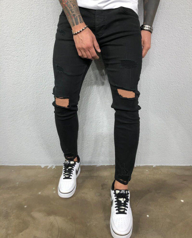 Cool Skinny Knee Hole Ripped Stretch Slim Denim